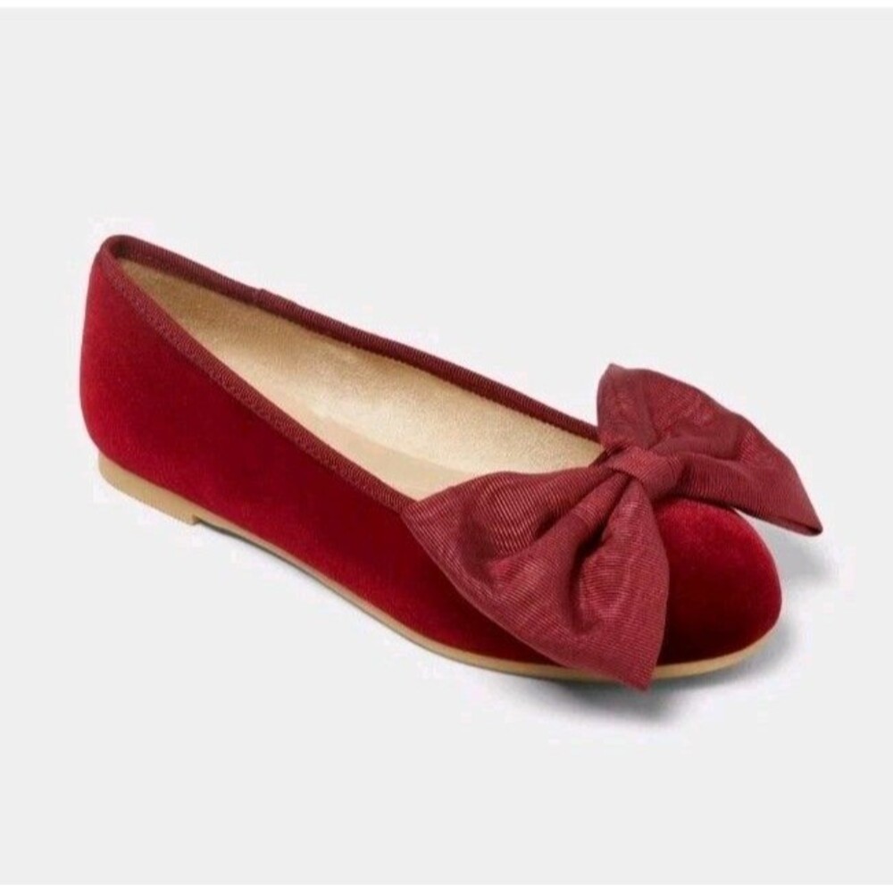 Cat & Jack Girls' Perla Ballet Flat Velvet Mary Jane Shoes Bow Burgungy Size 4